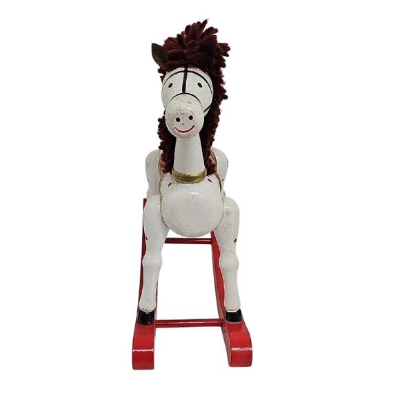 Vintage Classic White and Red Wooden Rocking Horse w/ Yarn Main Christmas Decor - Picture 3 of 10